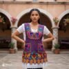 Violet Mexican embroidered apron made from premium cotton blend with multicolor floral embroidery, handmade traditional kitchen apron ideal for cooking or as a cultural gift