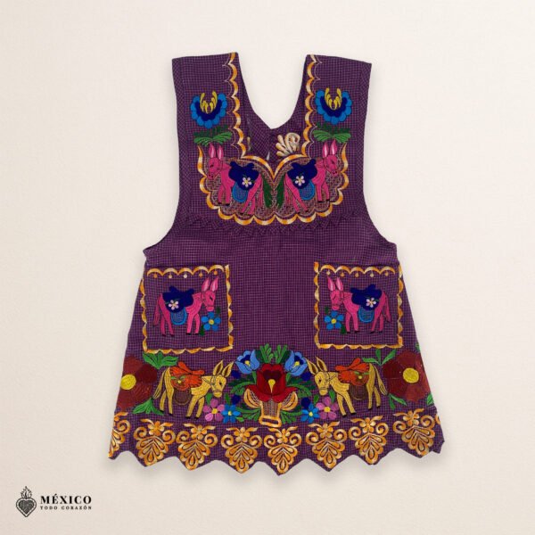 Violet Mexican embroidered apron made from premium cotton blend with multicolor floral embroidery, handmade traditional kitchen apron ideal for cooking or as a cultural gift