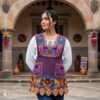 Violet Mexican embroidered apron made from premium cotton blend with multicolor floral embroidery, handmade traditional kitchen apron ideal for cooking or as a cultural gift