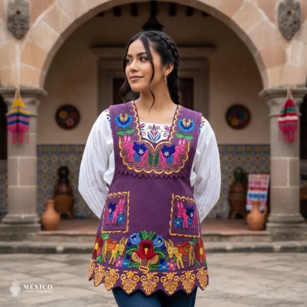 Violet Mexican embroidered apron made from premium cotton blend with multicolor floral embroidery, handmade traditional kitchen apron ideal for cooking or as a cultural gift