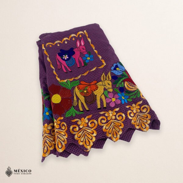 Violet Mexican embroidered apron made from premium cotton blend with multicolor floral embroidery, handmade traditional kitchen apron ideal for cooking or as a cultural gift