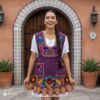 Violet Mexican embroidered apron made from premium cotton blend with multicolor floral embroidery, handmade traditional kitchen apron ideal for cooking or as a cultural gift