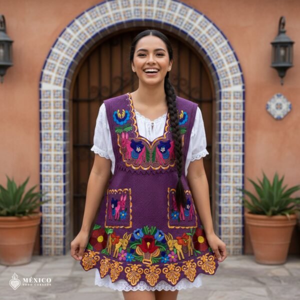 Violet Mexican embroidered apron made from premium cotton blend with multicolor floral embroidery, handmade traditional kitchen apron ideal for cooking or as a cultural gift
