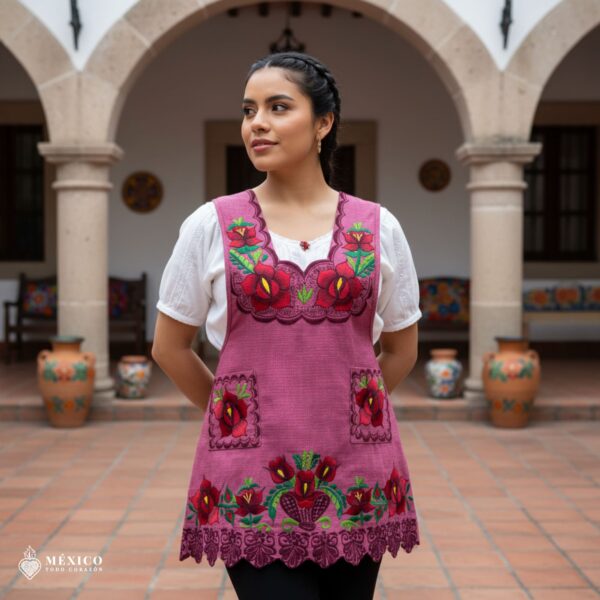 “Cherry Mexican embroidered apron crafted from premium cotton blend with elegant red floral embroidery, handmade traditional kitchen apron perfect for cooking or gifting