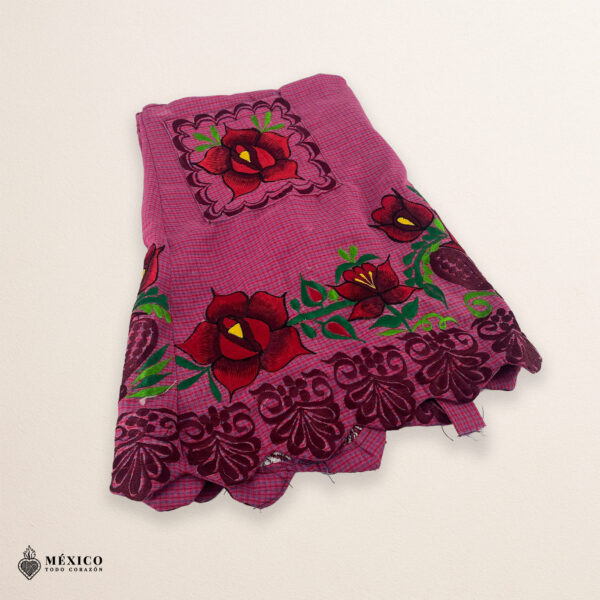 “Cherry Mexican embroidered apron crafted from premium cotton blend with elegant red floral embroidery, handmade traditional kitchen apron perfect for cooking or gifting