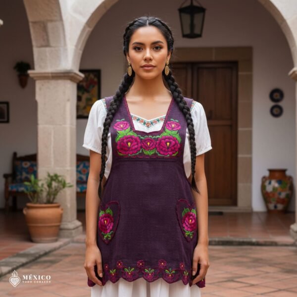 Cherry Mexican embroidered apron made from premium cotton blend, featuring vibrant fuchsia floral embroidery — handmade traditional kitchen apron ideal for cooking, gifts, and cultural events.