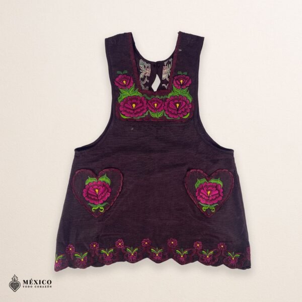 Cherry Mexican embroidered apron made from premium cotton blend, featuring vibrant fuchsia floral embroidery — handmade traditional kitchen apron ideal for cooking, gifts, and cultural events.