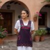 Cherry Mexican embroidered apron made from premium cotton blend, featuring vibrant fuchsia floral embroidery — handmade traditional kitchen apron ideal for cooking, gifts, and cultural events.