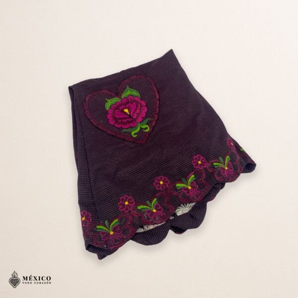 Cherry Mexican embroidered apron made from premium cotton blend, featuring vibrant fuchsia floral embroidery — handmade traditional kitchen apron ideal for cooking, gifts, and cultural events.