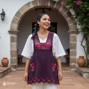 Cherry Mexican embroidered apron made from premium cotton blend, featuring vibrant fuchsia floral embroidery — handmade traditional kitchen apron ideal for cooking, gifts, and cultural events.