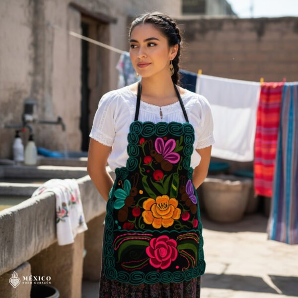 Mexican embroidered bib apron for women in multicolor cotton fabric, featuring vibrant floral design — handmade traditional kitchen apron perfect for cooking, gifts, and cultural celebrations.