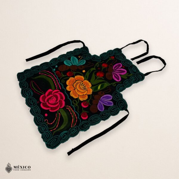 Mexican embroidered bib apron for women in multicolor cotton fabric, featuring vibrant floral design — handmade traditional kitchen apron perfect for cooking, gifts, and cultural celebrations.