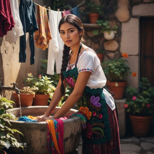 Mexican embroidered bib apron for women in multicolor cotton fabric, featuring vibrant floral design — handmade traditional kitchen apron perfect for cooking, gifts, and cultural celebrations.