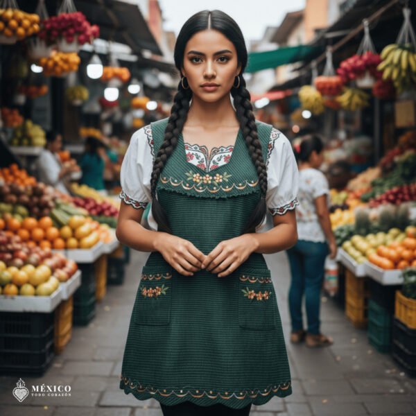 Green Mexican embroidered apron made of essential cotton, handmade kitchen apron with colorful floral design inspired by traditional Mexican embroidery