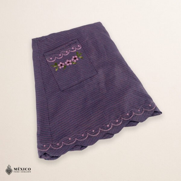 Lilac Mexican embroidered apron made of essential cotton, handmade kitchen apron with vibrant floral embroidery in traditional Mexican style