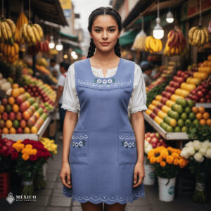 Lilac Mexican embroidered apron made of essential cotton, handmade kitchen apron with vibrant floral embroidery in traditional Mexican style