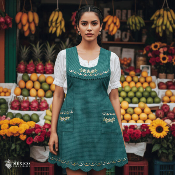 Green Mexican embroidered apron made of essential cotton, handmade kitchen apron with colorful floral design inspired by traditional Mexican embroidery