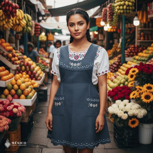 Gray Mexican embroidered apron made of essential cotton, handmade kitchen apron featuring traditional floral embroidery inspired by Mexican craftsmanship