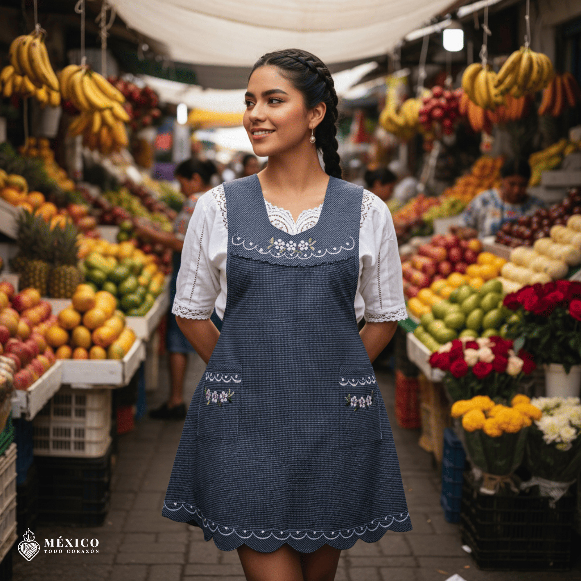 Gray Mexican embroidered apron made of essential cotton, handmade kitchen apron featuring traditional floral embroidery inspired by Mexican craftsmanship
