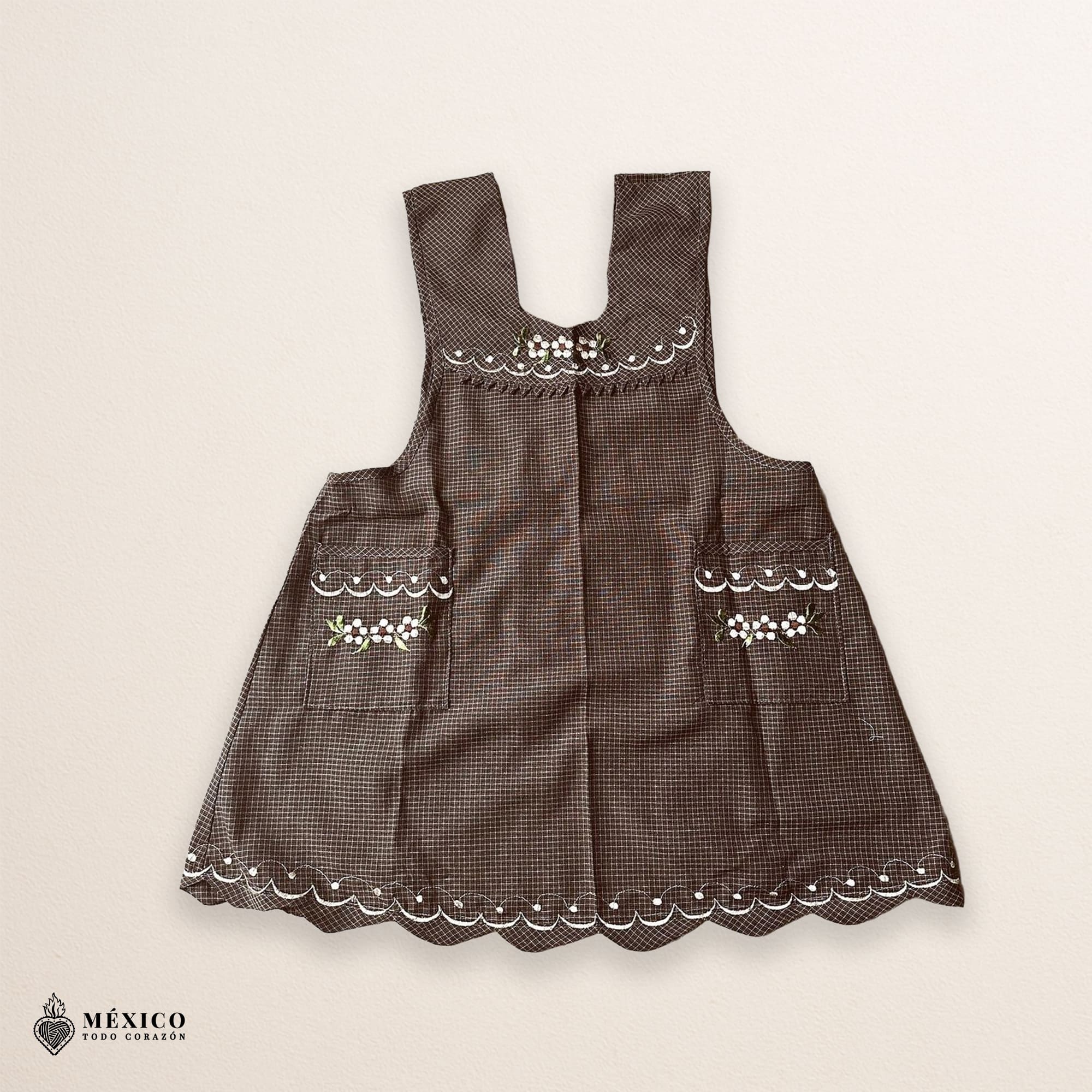 Brown Mexican embroidered apron made of essential cotton, handmade kitchen apron with traditional floral embroidery inspired by authentic Mexican designs