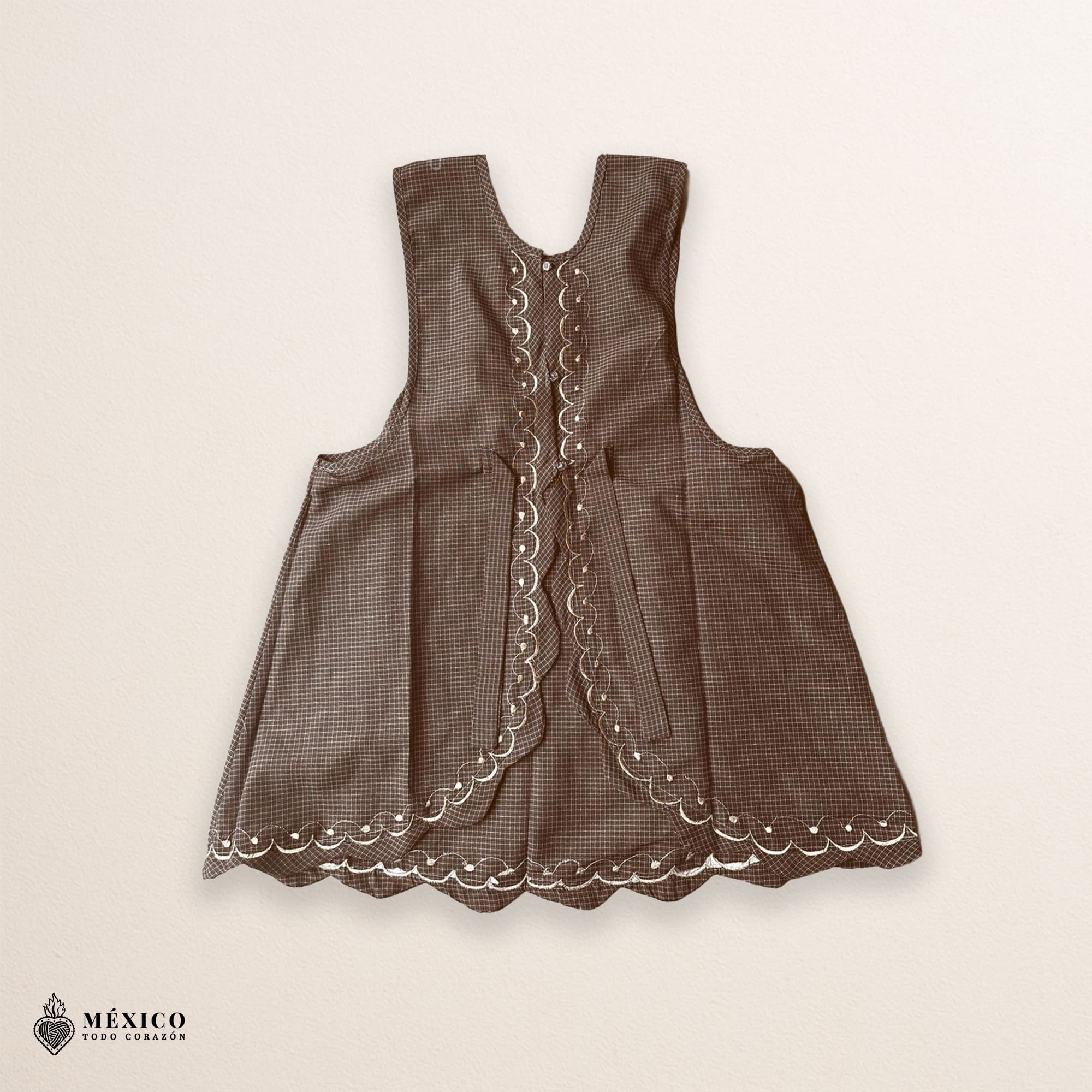 Brown Mexican embroidered apron made of essential cotton, handmade kitchen apron with traditional floral embroidery inspired by authentic Mexican designs