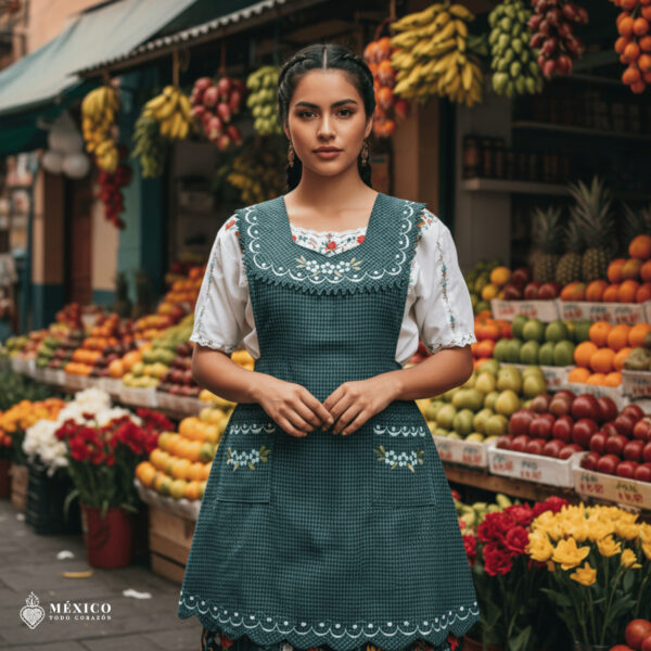 Green Mexican embroidered apron made of essential cotton, handmade kitchen apron with colorful floral design inspired by traditional Mexican embroidery