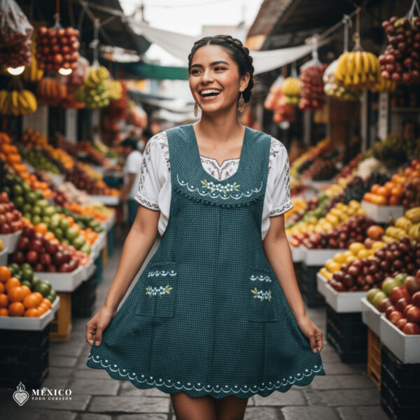 Green Mexican embroidered apron made of essential cotton, handmade kitchen apron with colorful floral design inspired by traditional Mexican embroidery