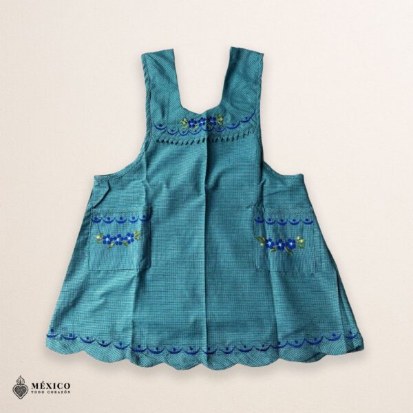 Turquoise Mexican embroidered apron made of essential cotton, handmade kitchen apron featuring traditional floral embroidery inspired by Mexican craftsmanship