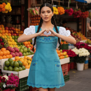 Turquoise Mexican embroidered apron made of essential cotton, handmade kitchen apron featuring traditional floral embroidery inspired by Mexican craftsmanship