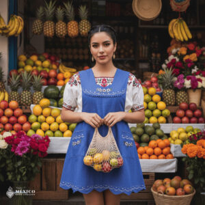 Lilac Mexican embroidered apron made of essential cotton, handmade kitchen apron with vibrant floral embroidery in traditional Mexican style