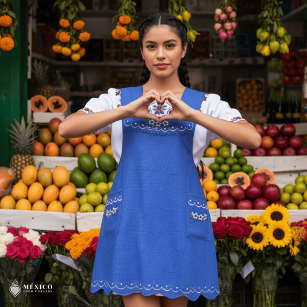 Lilac Mexican embroidered apron made of essential cotton, handmade kitchen apron with vibrant floral embroidery in traditional Mexican style