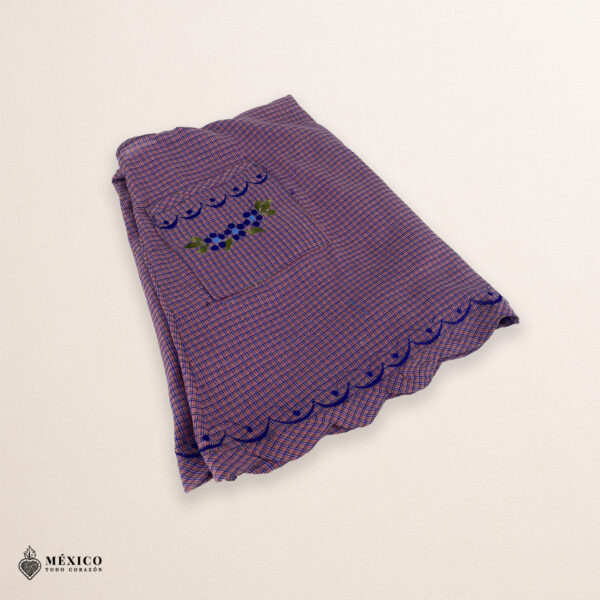 Lilac Mexican embroidered apron made of essential cotton, handmade kitchen apron with vibrant floral embroidery in traditional Mexican style