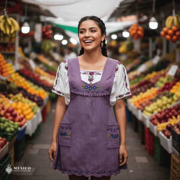 Lilac Mexican embroidered apron made of essential cotton, handmade kitchen apron with vibrant floral embroidery in traditional Mexican style
