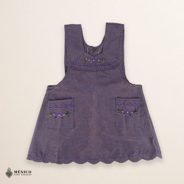 Lilac Mexican embroidered apron made of essential cotton, handmade kitchen apron with vibrant floral embroidery in traditional Mexican style