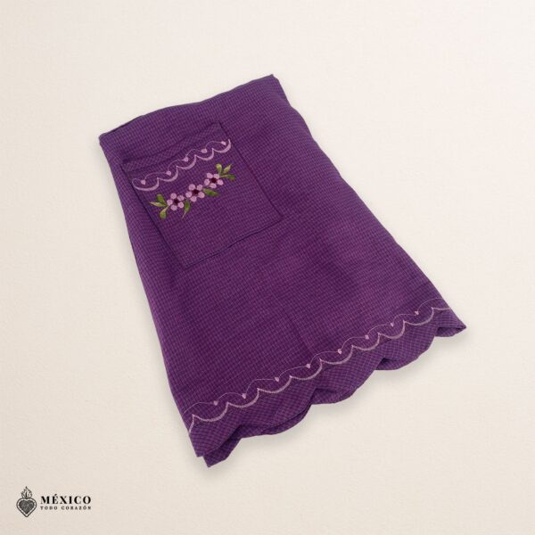 Lilac Mexican embroidered apron made of essential cotton, handmade kitchen apron with vibrant floral embroidery in traditional Mexican style