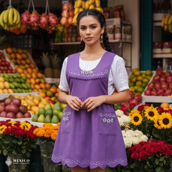 Lilac Mexican embroidered apron made of essential cotton, handmade kitchen apron with vibrant floral embroidery in traditional Mexican style