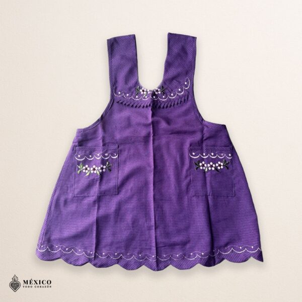 Lilac Mexican embroidered apron made of essential cotton, handmade kitchen apron with vibrant floral embroidery in traditional Mexican style