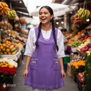 Lilac Mexican embroidered apron made of essential cotton, handmade kitchen apron with vibrant floral embroidery in traditional Mexican style