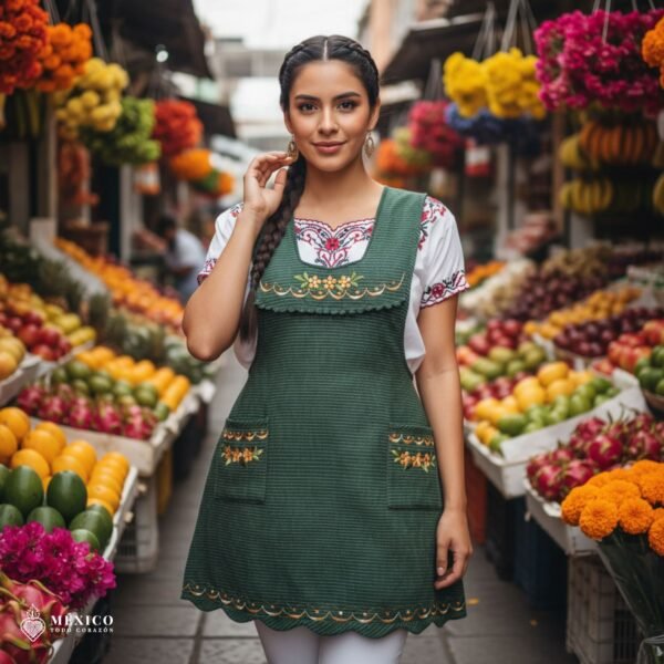 Green Mexican embroidered apron made of essential cotton, handmade kitchen apron with colorful floral design inspired by traditional Mexican embroidery