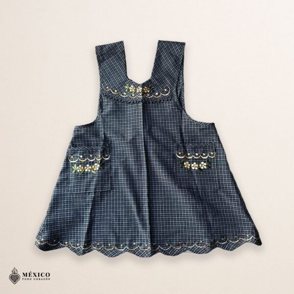 Gray Mexican embroidered apron made of essential cotton, handmade kitchen apron featuring traditional floral embroidery inspired by Mexican craftsmanship