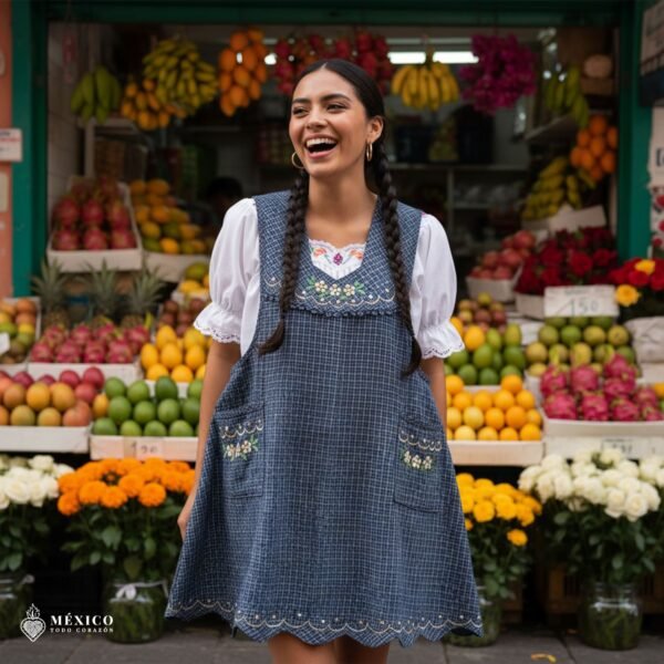 Gray Mexican embroidered apron made of essential cotton, handmade kitchen apron featuring traditional floral embroidery inspired by Mexican craftsmanship