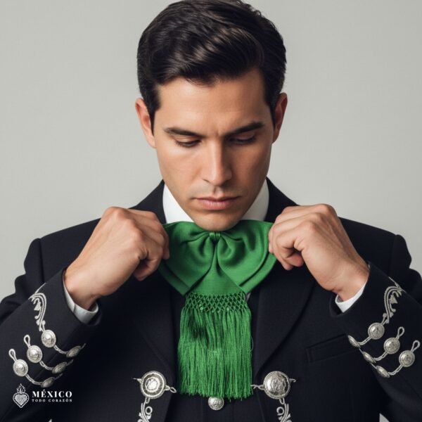 Green Mexican Satin Charro Bow – Traditional adjustable moño with elastic strap, authentic satin mariachi bow for men, handmade Mexican charro accessory