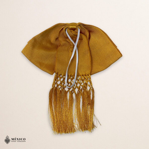 Gold Mexican satin charro bow with traditional design and adjustable elastic strap