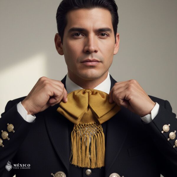 Gold Mexican satin charro bow with traditional design and adjustable elastic strap
