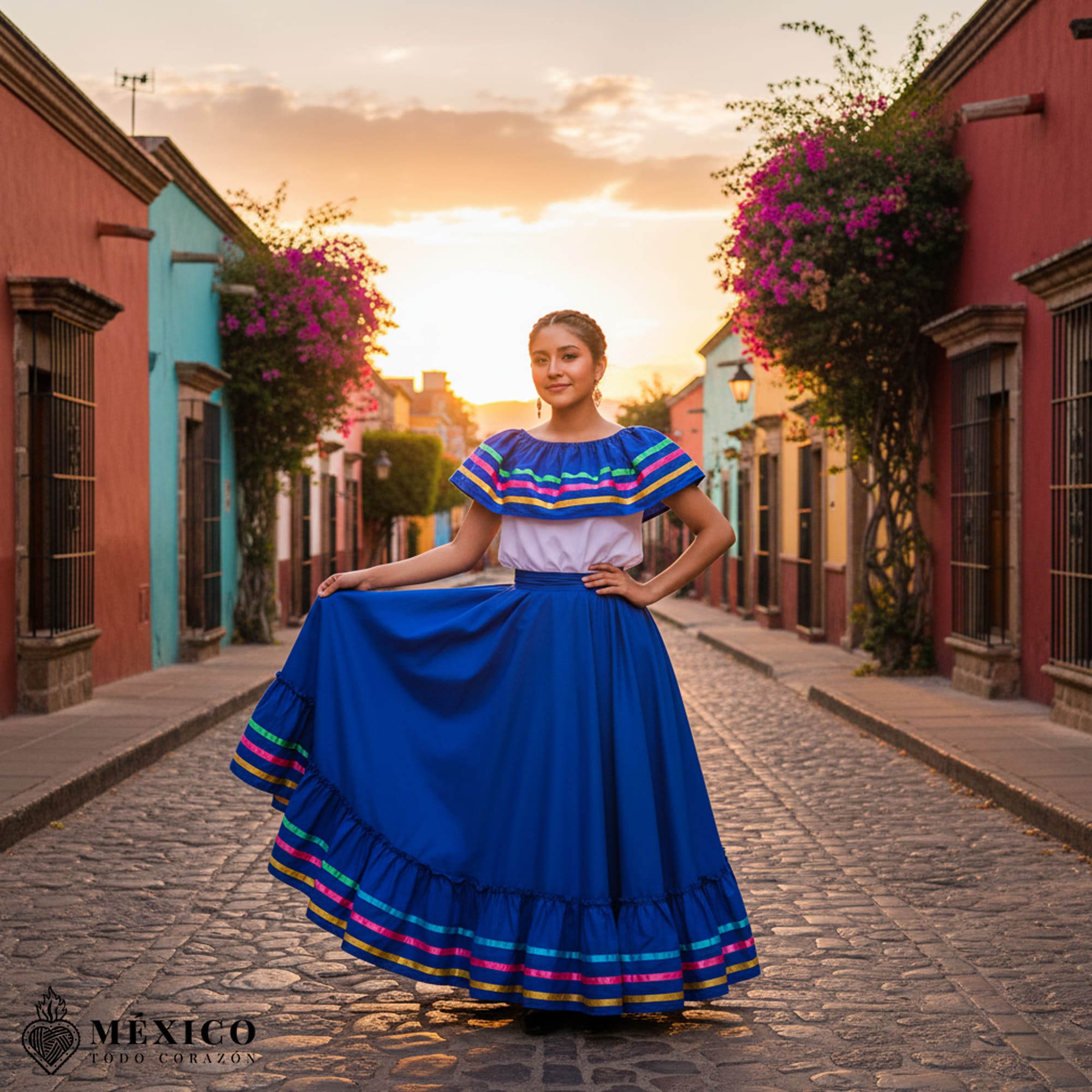 Mujer mexicana luciendo un espectacular Vestido Jalisco Azul Rey con listones vibrantes, ideal para bailes folklóricos.