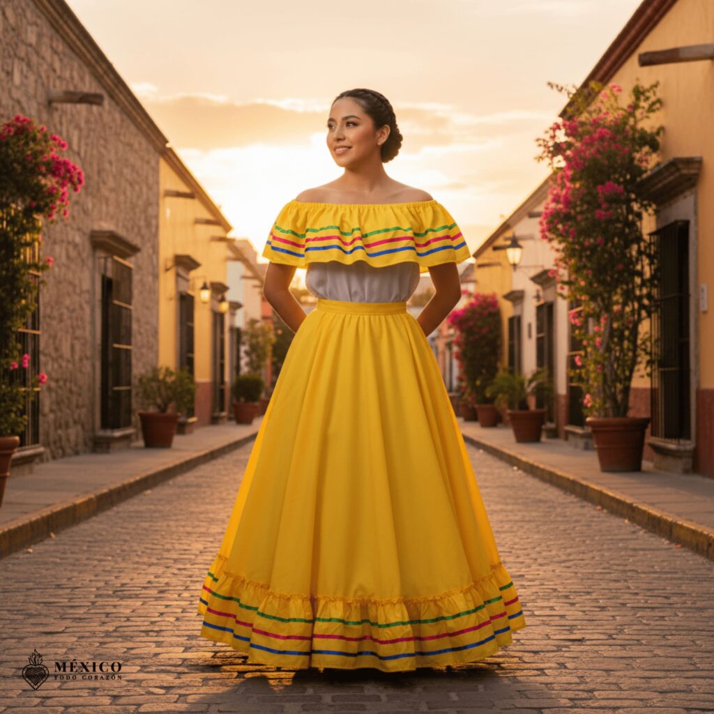 Yellow Mexican Jalisco Dress Set – Handmade Two-Piece Folkloric Outfit