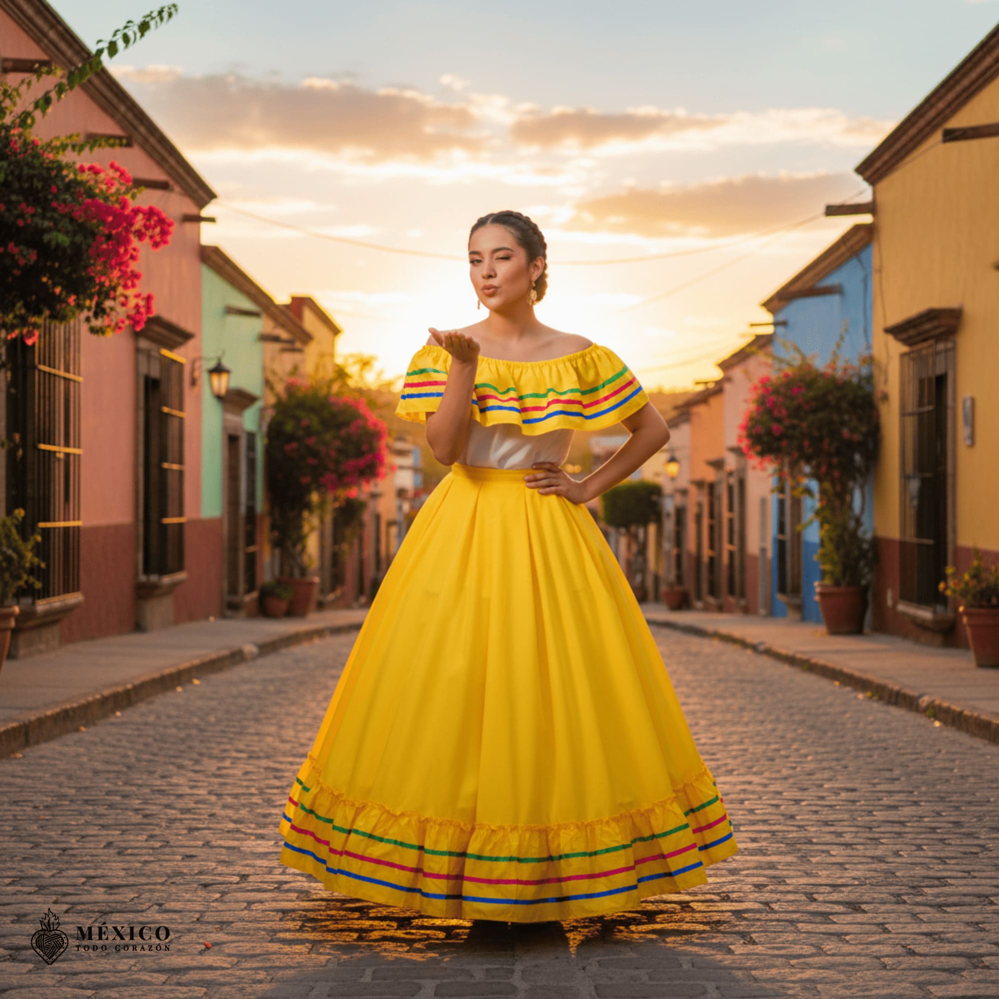 Detalle del vuelo amplio de la falda del vestido Jalisco amarillo, perfecto para danza.