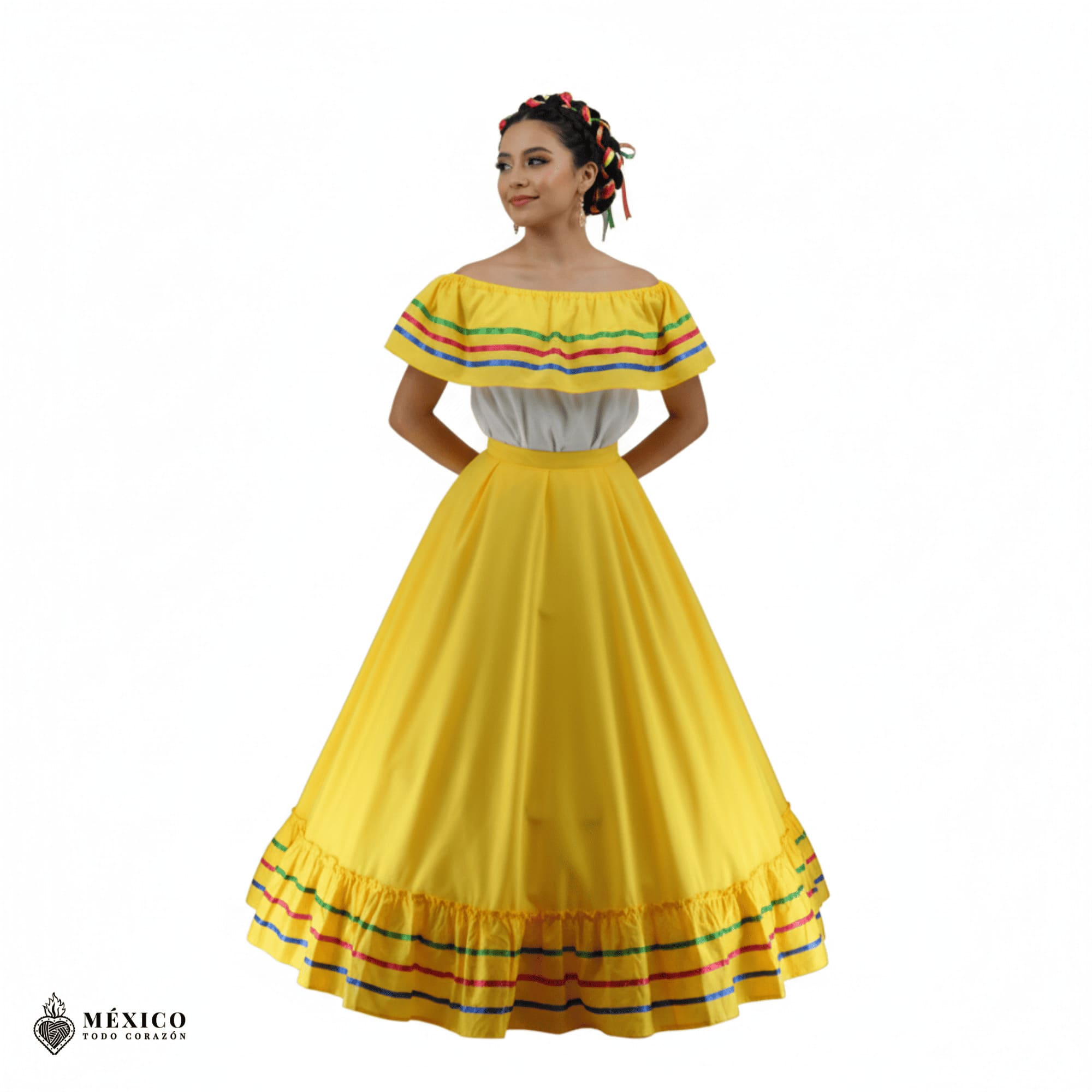Mujer vistiendo un vibrante Vestido Jalisco Amarillo Mexicano, ideal para bailes folklóricos y celebraciones.
