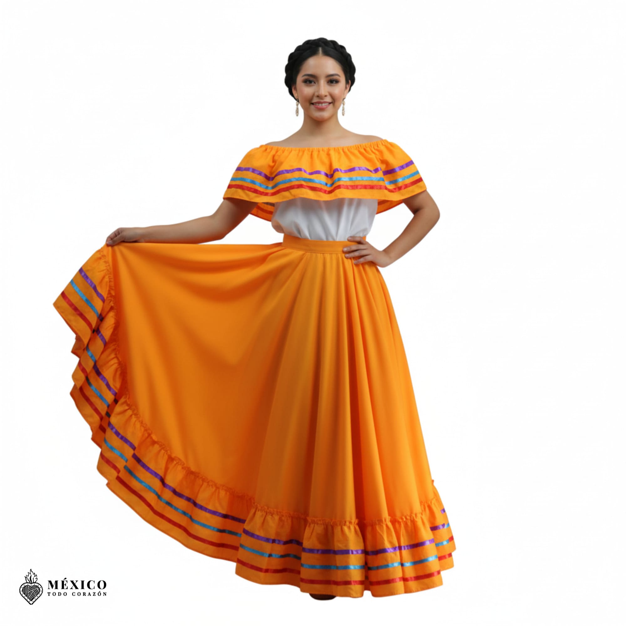 Vista frontal del vestido mexicano dark yellow, mostrando la combinación de listones de colores.