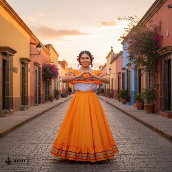 Dark Yellow Mexican Jalisco Dress Set – Handmade Two-Piece Folkloric Outfit